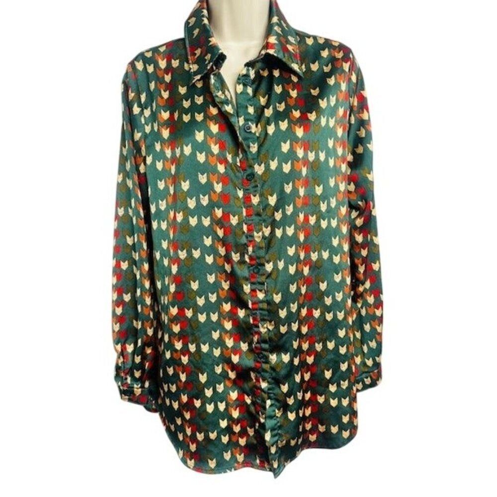 PrettyLittleThing Button-Up Printed Flowy Colorful Silky Long Sleeve Blouse Sz 6